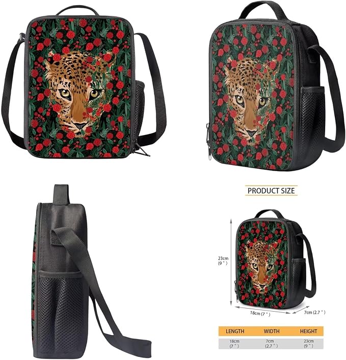 Rose Floral Leopard Print Backpack Set for Student Schoolbag Large Capacity Bookbag Lunch Box Pencil Case 17 Inch Travel Laptop Backpacks Lightweight Rucksack Daypack for Outdoor - Image 4
