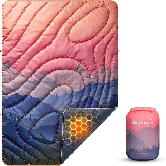 Gonex Camping Blanket with Aero-Warmth Breathable Layer - Puffy Printed Packable Blanket, Ultralight Wearable Water-Resistant Quilt, 79" X 55" for Camping, Beach, Hiking, Travel, Picnics(Sunset) by Gonex