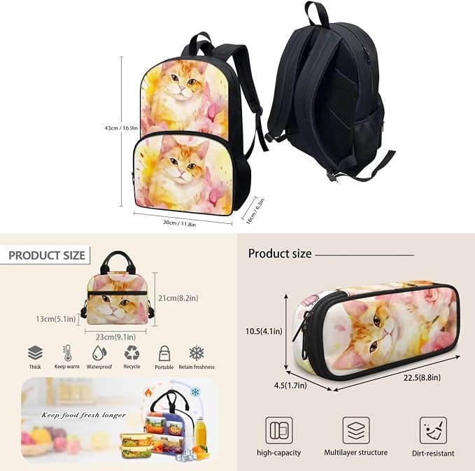 Lovely Floral Cat Backpack with Lunch Box and Pencil Case Girls Comfy Padded Cute School Backpack Set of 3 Bookbag for Student Lightweight Large Capacity Daypack - Image 4