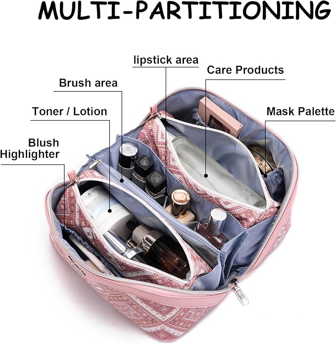 BOYATU Travel Makeup Bag Organizer: Boho Large Capacity Cosmetic Bag Sets | 3Pcs Waterproof Leather Toiletry Bags | 180°Open Flat Make up Case with Compartments | Western Travel Essentials for Women - Image 3