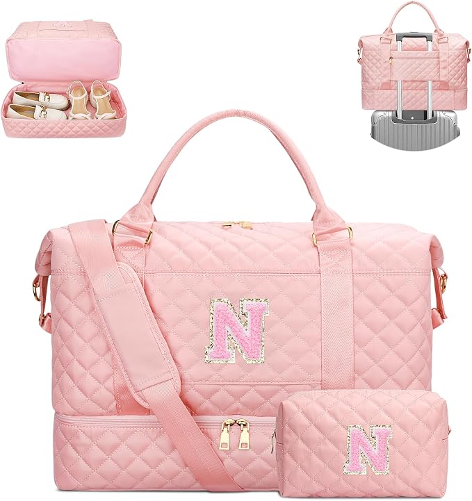 Gifts for Teen Girls Initial Travel Duffle Bag Quilted Weekender Bags Carry-On Overnight with Cosmetic Bag, Gym Bag with Shoe Compartment Hospital Bag for Women Labor Delivery, Pink-N by Unknown