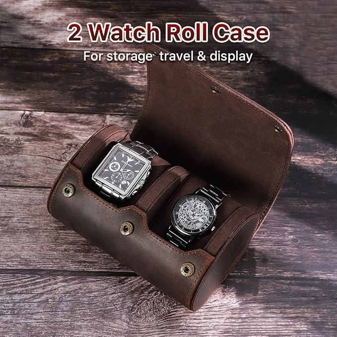 Hiram Leather Watch Roll Travel Case,Vintage Crazy Horse Leather 2-Slots Watch Box with Removable Velvet Pillows, Secure Metal Clasp, Perfect for Daily Display & Business Travel - Image 2