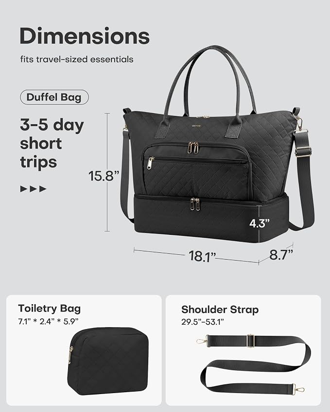 HOTOR Travel Duffle Bag for Women - Carry on Bag with Toiletry Pouch & Shoe Compartment, Large Overnight Weekender Bags for Gym, Business Trips, Sports and Hospital, Black, 18.1" x 8.7" x 15.8" - Image 3