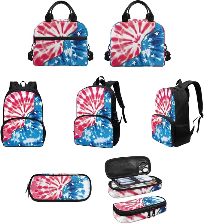 Tie Dye American Flag Backpack with Lunch Box and Pencil Case Girls Comfy Padded Cute School Backpack Set of 3 Bookbag for Student Lightweight Large Capacity Daypack - Image 3