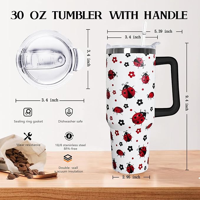 30 Oz Ladybug Tumbler With Handle,Ladybug Coffee Travel Mug Cup Water Bottle,Ladybug Decor,Ladybug Gifts for Women