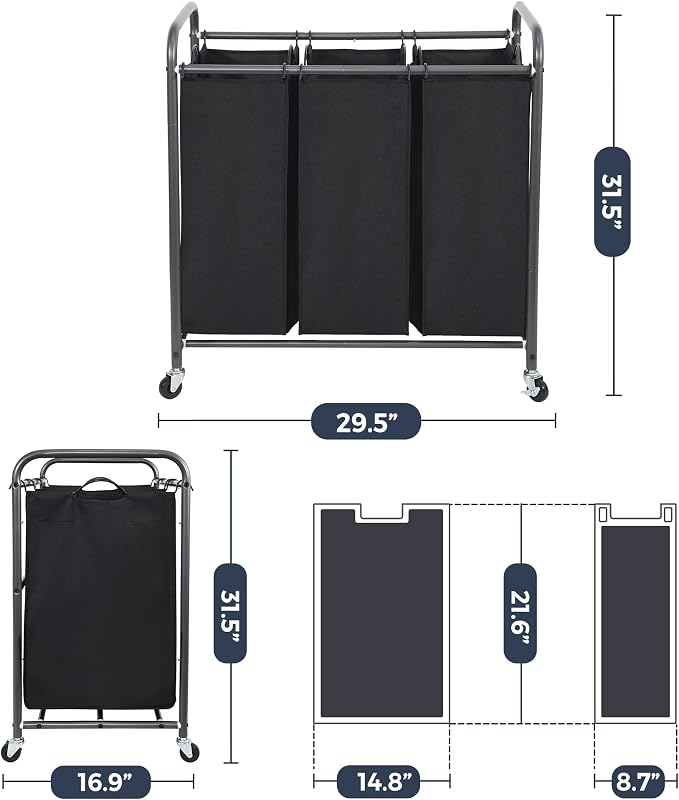 STO STO Laundry Sorter 3 Section, 3 Bag Clothes Hamper, Rolling Laundry Cart Basket with Heavy Duty Lockable Wheels and Removable Bag for Laundry Room, Bedroom, Closet, Black - Image 6