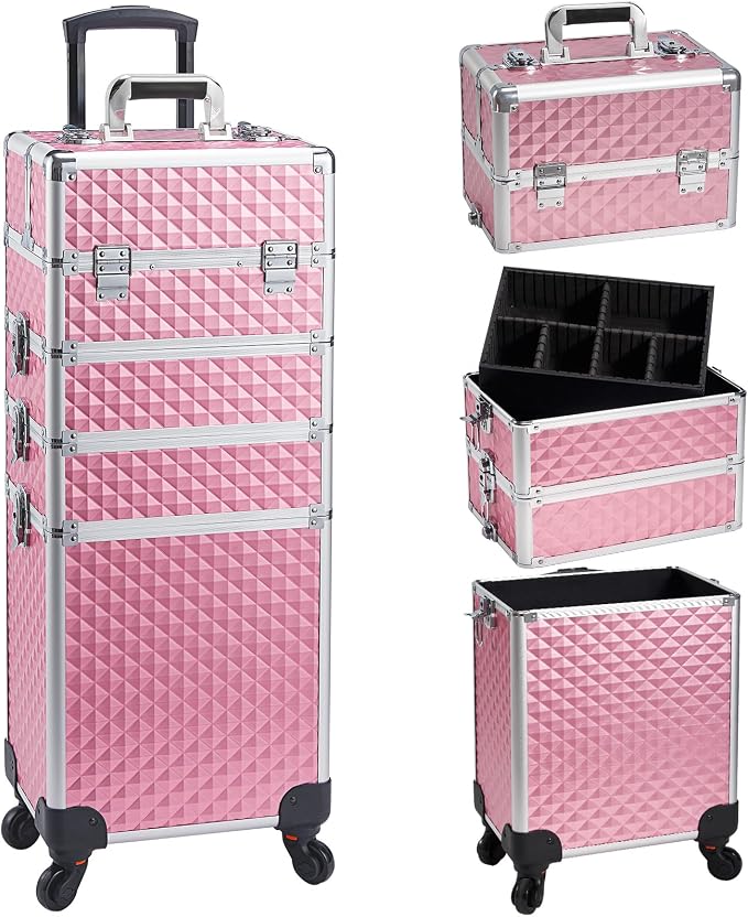 Faquenc Professional 4 in 1 Rolling Makeup Train Case with Wheels Cosmetic Trolley and Cosmetology Cart Trunk for Makeup Artists Hairstylists Nail Techs and Salons Large Capacity Pink by Faquenc
