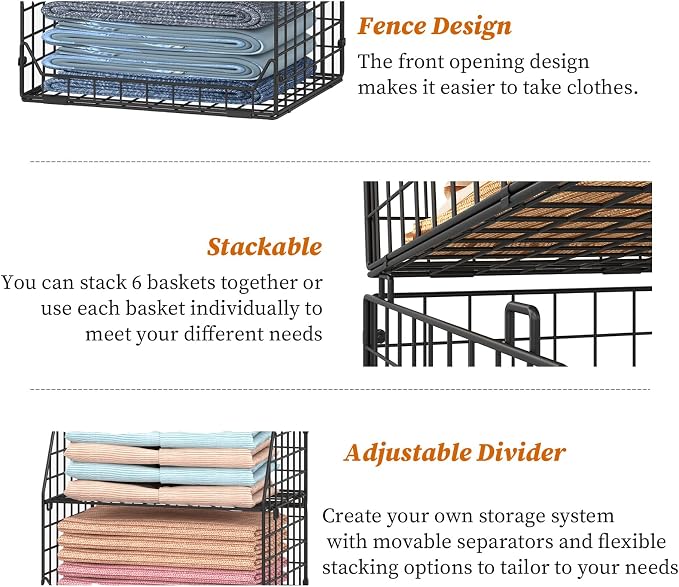 Jakyitvi 5-Tier Stackable Closet Organizers and Storage with Small Basket for Hats,Closet Storage Basket with Adjustable Dividers and 4 hooks,Clothes Shelf Bins for Closet Organizer System,Black - Image 8