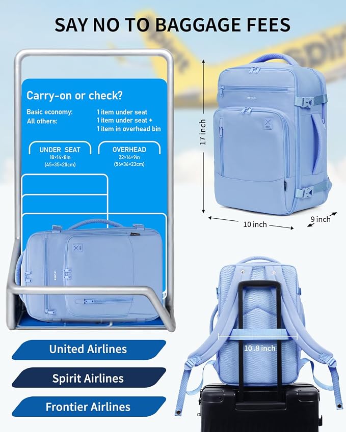 ECOHUB 17" Small Travel Backpack, United Airlines Personal Item Bag 17x10x9 with 16 Pockets, Water Resistant Rucksacks Fit 15.6" Laptop, AirTag Pocket, Lightweight Casual Daypack, 25L, Light Blue - Image 2