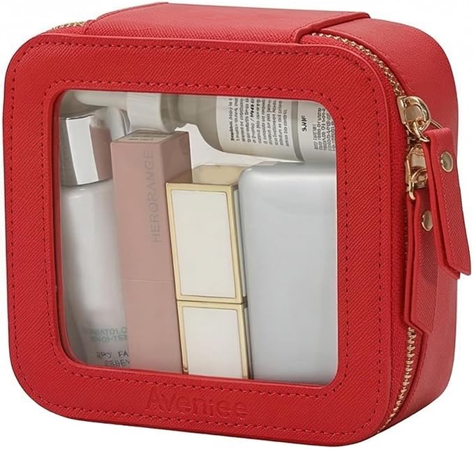 Aveniee Mini Clear Makeup Bag, Small Cosmetic Bags Travel Toiletry Pouch Organizer, TSA Approved Make up Case with Zipper, Car Bag for Essentials,Red by Aveniee