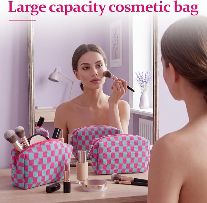 Gilprop 8 Pcs Checkered Makeup Bag for Purse Small Cosmetic Pouch Bulk Portable Zipper Makeup Pouch Travel Toiletry Organizer Gifts for Women Bridesmaid Wedding Party Favors (Pink Blue) - Image 5