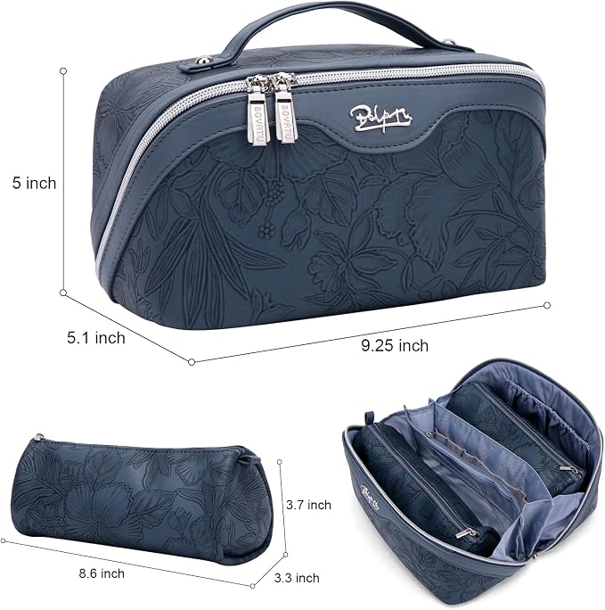 BOYATU Travel Makeup Bags Cosmetic Organizer Bag: 3-Set Large Capacity Make up Bag - PU Leather Toiletry Bags for Women - Wide Open Portable Pouch with Divider & Handle (02-Dark Blue) - Image 8