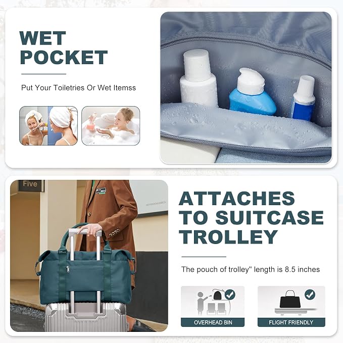 Travel Duffel Bag, Carry On Overnight Weekender Bags for Women | Travel Bag with Wet Pocket & Trolley Sleeve, For Spirit Airlines 18x14x8 Personal Item Bag - Image 5