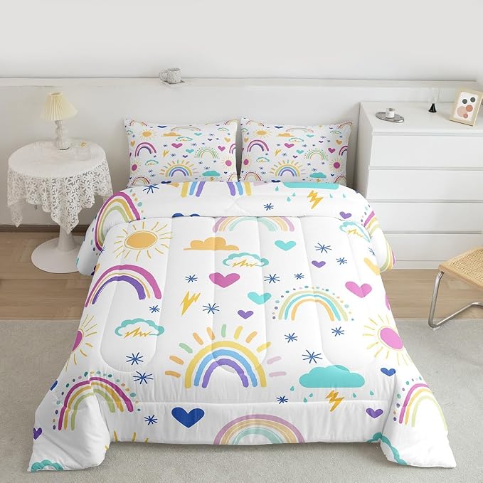 Erosebridal Rainbow Comforter Set, Sun Cloud Stars Duvet Insert King Size Hand Drawn Iridescent Duvet Sets, Love Heart Cartoon Quilted Duvet for Kids Girls Boys Children Women Bedroom Decor - Image 3