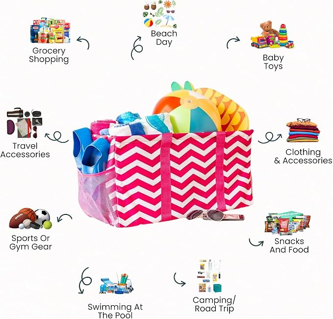 Extra Large Utility Tote Bag, Oversized Collapsible Reusable Wire Frame Rectangular Canvas Basket With Two Exterior Pockets For Beach, Pool, Laundry, Car Trunk, Storage - Chevron Pink - Image 3
