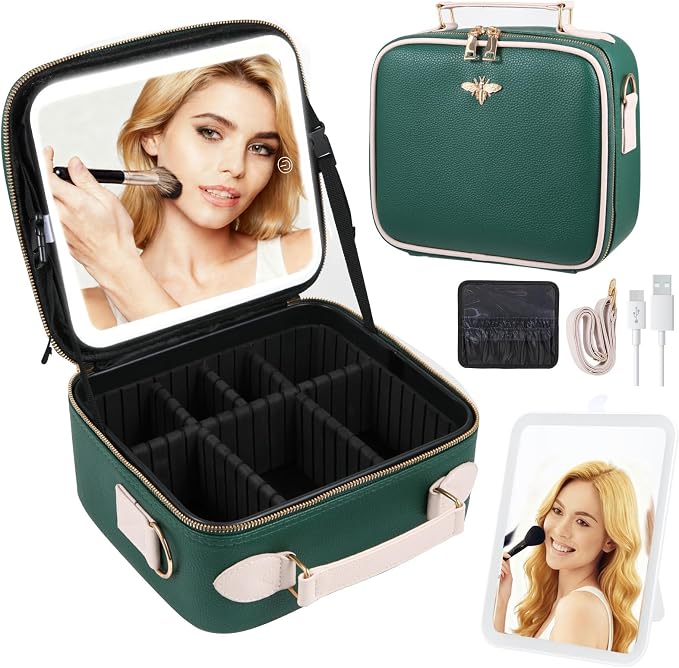 Travel Makeup Bag with Light Up Mirror, Portable Makeup Bag with Led Light Women Waterproof Makeup Travel Case adjustable dividers Rechargeable Vanity Mirror with 3 Color Lights (Green) by Unknown