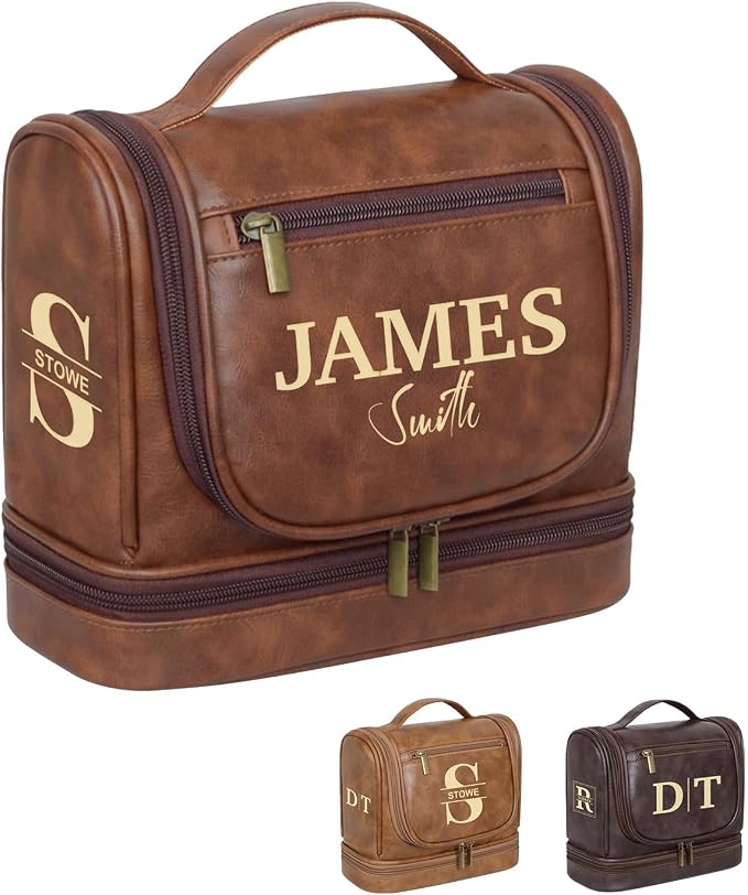 Personalized Leather Toiletry Bag, Brown, Three Layer Structure, Waterproof, Customizable Name Engraving, Travel Organizer for Men, Multi-Occasion Gift (UK1006) by Handmade