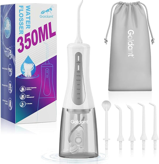 350ML Water Dental Flosser Teeth Pick with Travel Bag, 5 Modes Portable Cordless Oral Irrigator Cleaner, Electric Rechargeable IPX7 Waterproof for Home Travel Teeth Cleaning flossing (White)