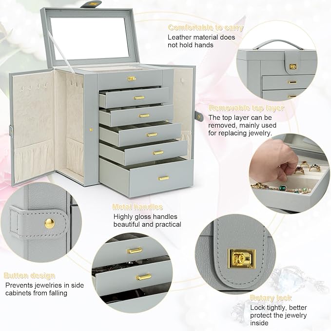 AKOZLIN 6-Tier Jewelry Box Organizer Functional 5 Drawers Leather Jewelry Storage Case for Women Girls Ring Necklace Earring Bracelet Holder Organizer with Mirror Extra Large Grey - Image 4