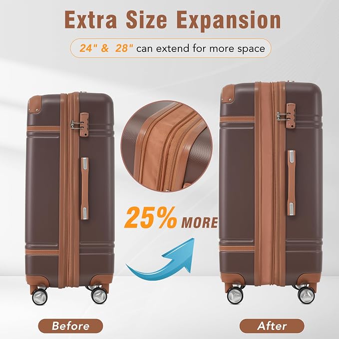 Merax Luggage Set, 3 Piece Luggage with Cosmetic Case, Vintage Hardcase Suitcase with Wheels, Expandable Luggage Airline Approved(Brown,20"+24"+28") - Image 3