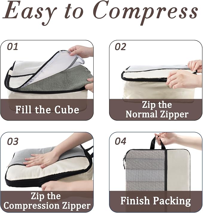 U+U 4 Set Compression Packing Cubes - Ultralight Cream Travel Organizers, Space-Saving Suitcase Organizer, Expandable Packing Cubes for Travel and Family Vacation (Cream) - Image 6