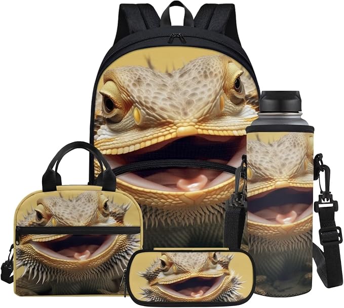 Lizard Print School Backpack for Kids Boys Gifts School Bag Set with Lunch Box & Pencil Case & Water Bottle Sleeve, Bookbag Teen Student Back Packs Satchel Travel Daypack Bagpack by Glomenade