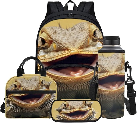 Lizard Print School Backpack for Kids Boys Gifts School Bag Set with Lunch Box & Pencil Case & Water Bottle Sleeve, Bookbag Teen Student Back Packs Satchel Travel Daypack Bagpack by Glomenade
