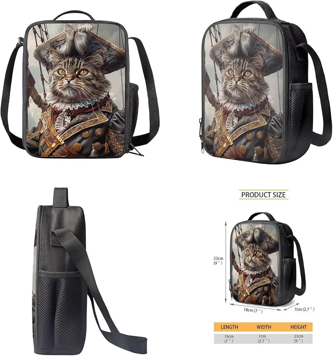 17 Inch Animal Print School Backpack And Lunch Box Set for Kids Lightweight Funny Cat As Pirate Backpack for Boys Girls Sturdy School Bag with Insulated Lunchbox Pencil Case Student Bookbag - Image 5