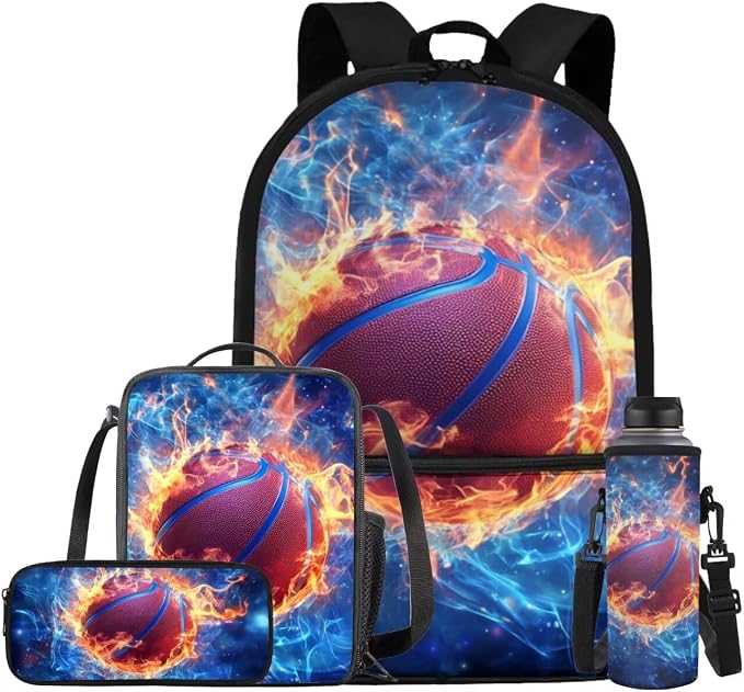 Fire Basketball Backpack for School Boys Backpack with Lunch Box Water Bottle Bag and Fabric Pencil Pouch 4PCS Set Large Capacity Bookbag with Front Pocket 17 inch Sturdy School Bag for Kids by ELEDIZI