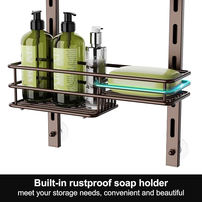Orimade Over the Door Shower Caddy Adjustable 5 Tier Bronze,Bathroom Hanging Organizer Shelf Rustproof with 4 Hooks,Shower Basket with Soap Holder and Suction Cup - Image 4