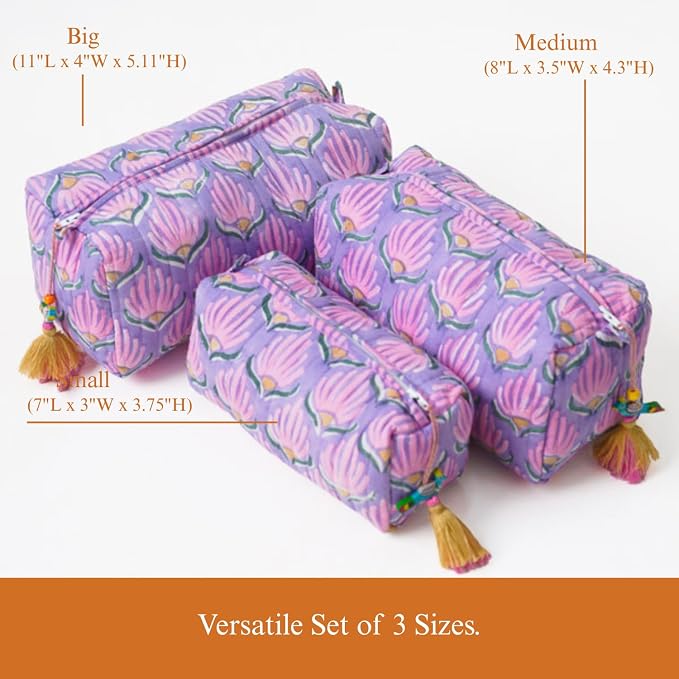 Saffron Marigold Quilted Makeup Bag Set of 3, Hand Block Printed Cotton Cosmetic Bags for Women, Waterproof Lined Travel Toiletry Bag, Coquette Floral Aesthetic, Handmade Gift, Lilac Flame - Image 4