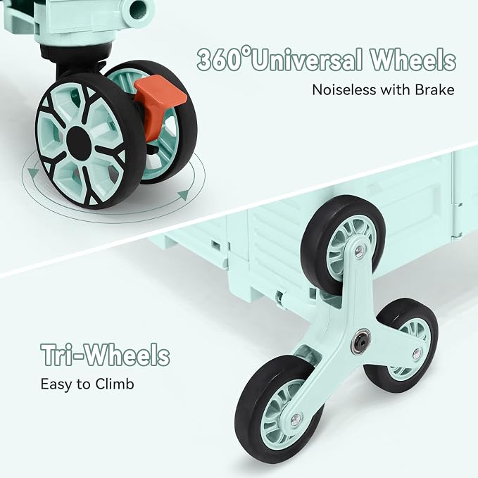 Foldable Utility Cart Portable Crate Rolling Dolly with Telescopic Handle,Can be Pulled diagonally, Magnetic Retractable Lid, 360°Swivel Climbing Wheels for Shopping Carrying Groceries Move Green - Image 4