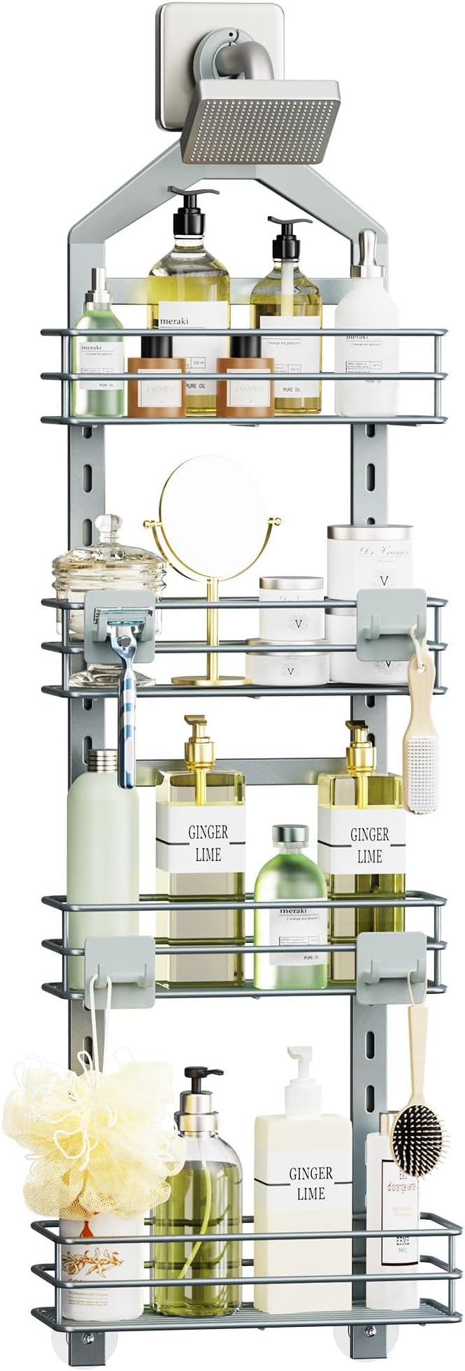 Orimade 4 Tier Adjustable Anti-slip Shower Caddy over Shower Head,Rustproof Bathroom Hanging shower Organizer with 4 Hooks for Razor,No Drilling Shower shelves Storage Rack, Light Grey by Orimade