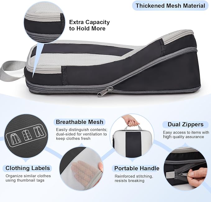 OlarHike 6 Set Compression Packing Cubes for Travel Essentials,Compressible Expandable Space Saver Bags for Organizing Clothes,Luggage Suitcase Garment Bags with Over 1000 pcs Mesh Holes(Black) - Image 6