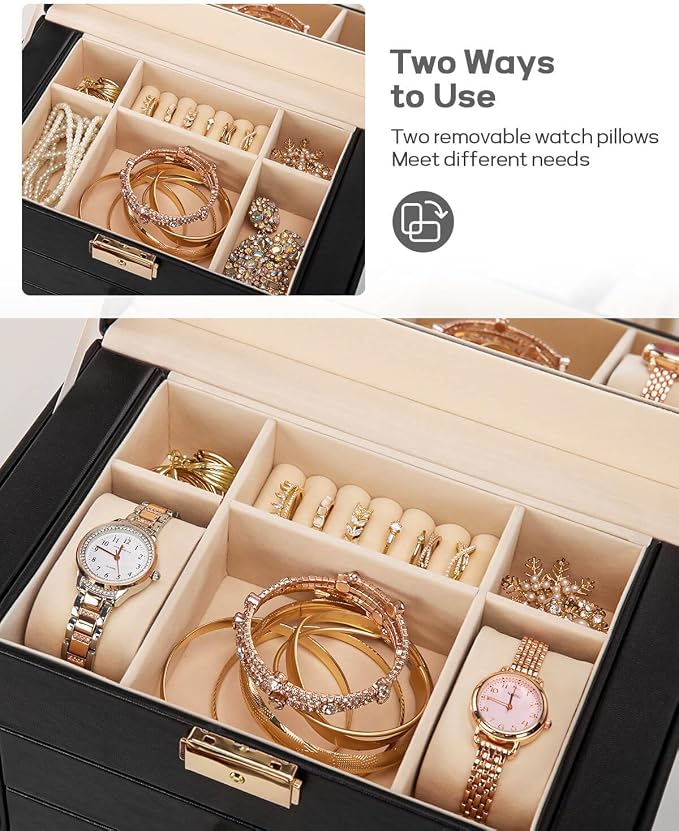 Homde Synthetic Leather Huge Jewelry Box Mirrored Watch Organizer Necklace Ring Earring Storage Lockable Gift Case (Black + Gold) - Image 4