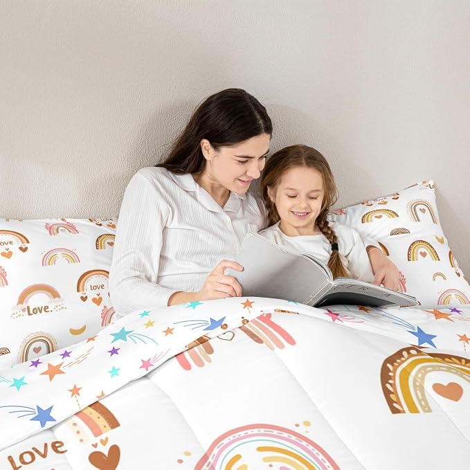 Kids Rainbow Duvet Insert, Kawaii Decor Comforter Set King For Kids Girls Boys, Cartoon Love Heart Bedding Set Cloud And Moon Hand Drawn Duvet Sets Soft Microfiber Comforter + 2 Pillow Cases - Image 5