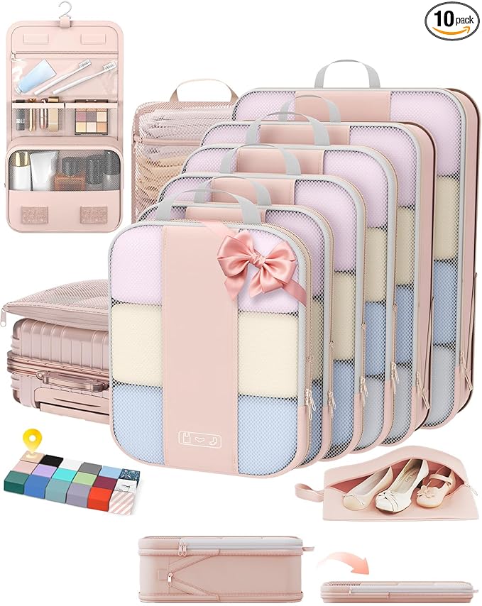 10 Set Compression Packing Cubes for Travel Gifts Mom Women,OlarHike Luggage Clothes Garment Bags for Travelers,Airplane/Cruise/Car Travel Essentials,Compressible Expandable Saver Space Bags(Beige) by OlarHike