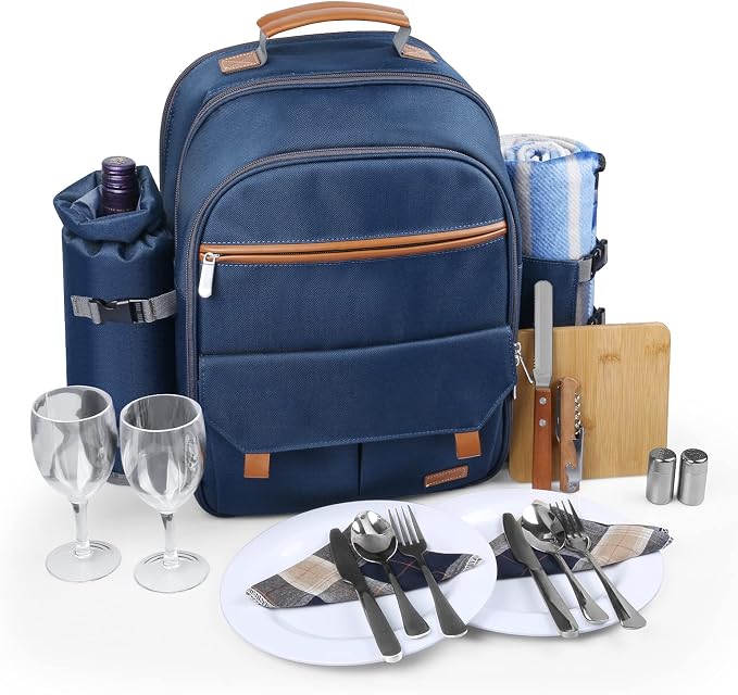 Sunflora Picnic Backpack for 2 Person Set Pack with Insulated Waterproof Pouch for Couple Outdoor Camping (Navy) by Sunflora