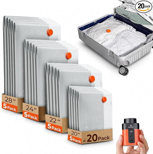 ETENWOLF 20 Pack Vacuum Seal Bags for Clothing with Rechargeable Wireless Pump,Travel Vacuum Storage Bags for Luggage and Suitcase Space Saver Compression Bags in 4 Carry-On Sizes (20/22/24/28Inch) by ETENWOLF