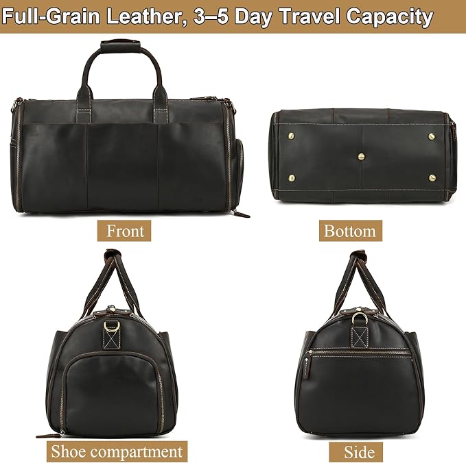 Full Grain Genuine Leather 2 in 1 Garment Dufflel Bag for Men Foldable Suit Carrier with Independent Shoe Compartment, Large Capacity Weekender Travel Bag for Business Trips, Dark Brown - Image 8