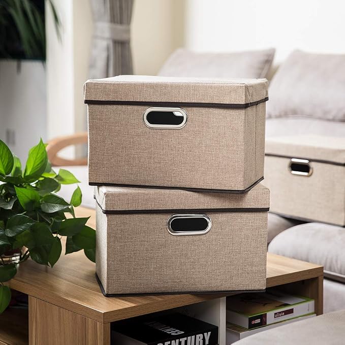 PRANDOM Collapsible Storage Cubes with Lids [3-Pack] Jute Fabric Foldable Storage Boxes Organizer Containers Baskets Bins with Cover for Home Bedroom Closet Office Nursery (14.9x9.8x9.8) - Image 2
