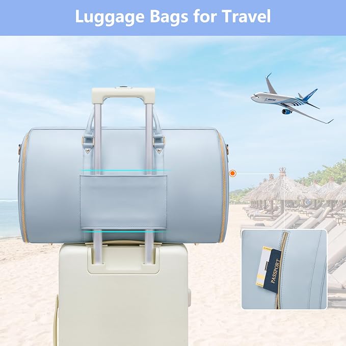 Travel Duffel Bag, Convertible Travel Garment Bag for Women, Fashion & Cute Carry On Duffle Bag w/Shoes Pouch, 2 in 1 Foldable PU Leather Hanging Duffle Bag, Single-Zipper Design, Blue - Image 6