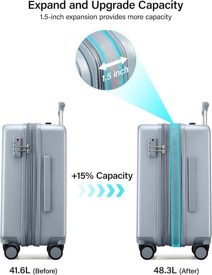 Hanke 20 Inch Expandable Carry On Luggage, 22x14x9 Airline Approved, TSA Lock Hard Shell Lightweight Suitcase for Men Women (Grey) - Image 3