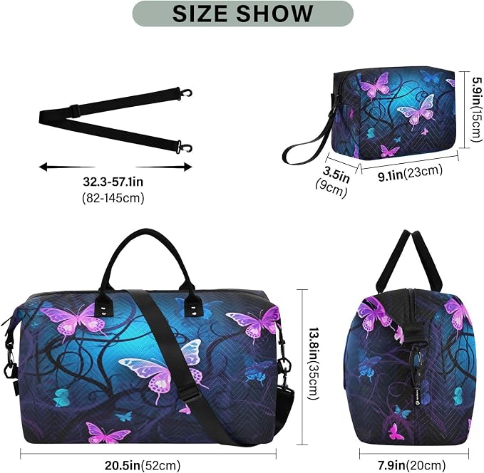 YETTASBIN Travel Duffel Bag for Women Men, Purple Blue Butterfly Large Waterproof Weekender Overnight Bag, Detachable Shoulder Strap Travel Sport Gym Bag with Toiletry Bag - Image 3