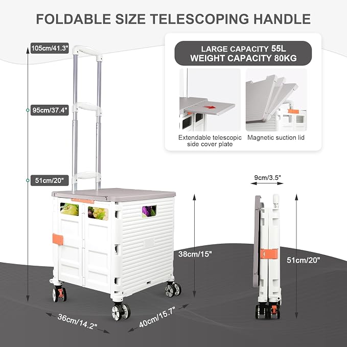 FELICON SELORSS Folding Utility Cart Portable Rolling Crate Handcart-White | Magnetic Sliding Lid,Telescoping Handle,Plastic Box Dolly,360°Swivel Wheels for Travel Shop Move Laundry Office Teacher Use - Image 4