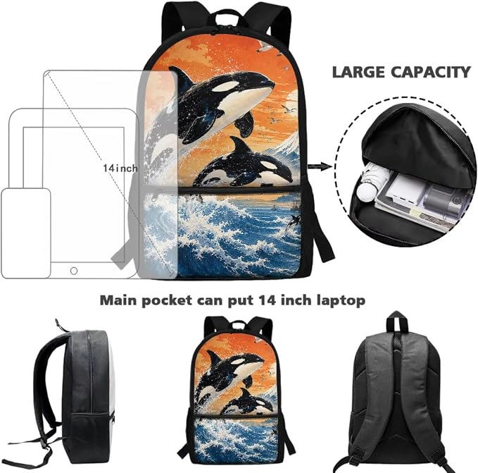 Killer Whale 4 In 1 Kids School Bag Set Water Resistant Backpack with Thermal Lunch Cooler, Pencil Pouch & Water Bottle Cover for Ocean Animal Lovers Girls Boys Back to School Supplies - Image 4