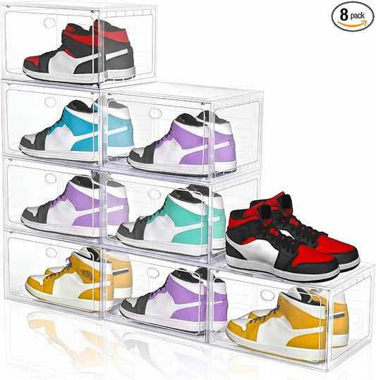 Large Shoe Boxes Clear Plastic Stackable, 8 Pack Drop Side Shoe Storage Organizer with Magnetic Door, Shoe Container Sneaker Storage Display Case Fit up to US Size 13 CLEAR by YukuiLLc