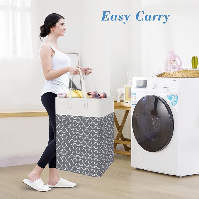BlissTotes 3-Pack Laundry Basket, Freestanding＆Waterproof Laundry Hamper, Collapsible Tall Clothes Hamper with Easy Carry Handles for Clothes, Towels in the Family and Dorm,Clover Grey,100L - Image 5