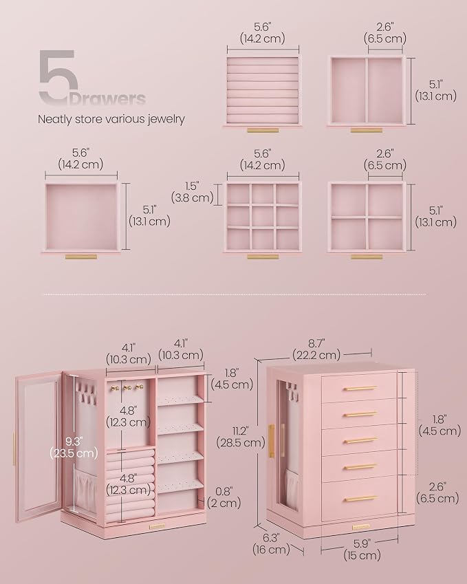 SONGMICS GISELLA Collection - Jewelry Box Organizer 360° Rotating, Vertical Jewelry Storage Case with 5 Drawers, Glass Window, Spacious, Open Design, Great Gift, Pink UJBC170R01 - Image 4