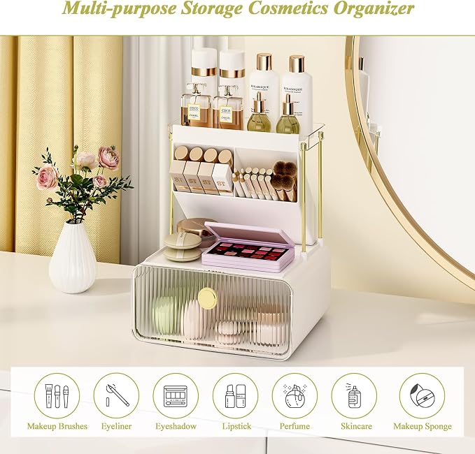 FOLLOWIN Bathroom Counter Organizer with Drawer, Dresser Top Organizer with Make Up Brush Holder, Makeup Shelf, Vanity Organizers, Cosmetic Perfume Organizer, Clear - Image 7